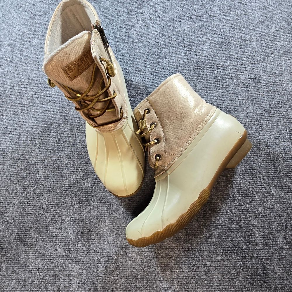 Sperry Duck Boots Womens 7 Cream Tan Waterproof Rain Snow Lace Up Zip Winter